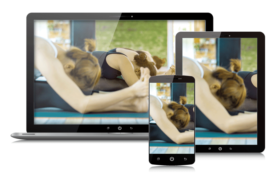 Online yoga class on multiple devices.