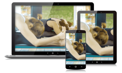 Online yoga class on multiple devices.