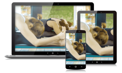 Online Yoga Online yoga class on multiple devices.